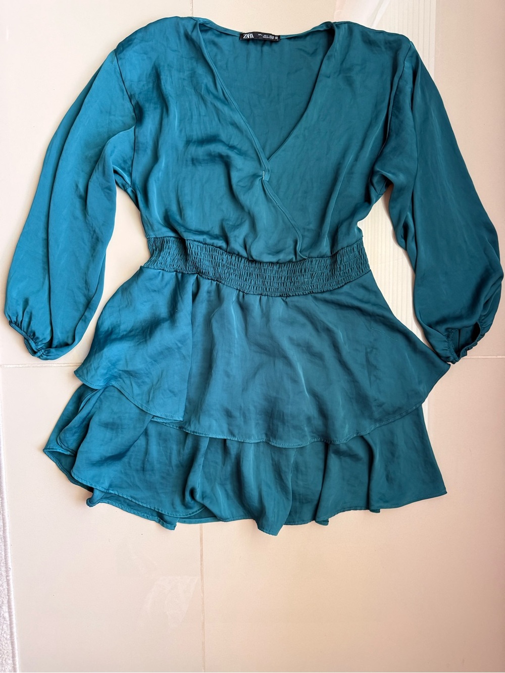 Zara Teal Satin Peplum Blouse Smocked Waist Tiered Ruffle Hem Size L